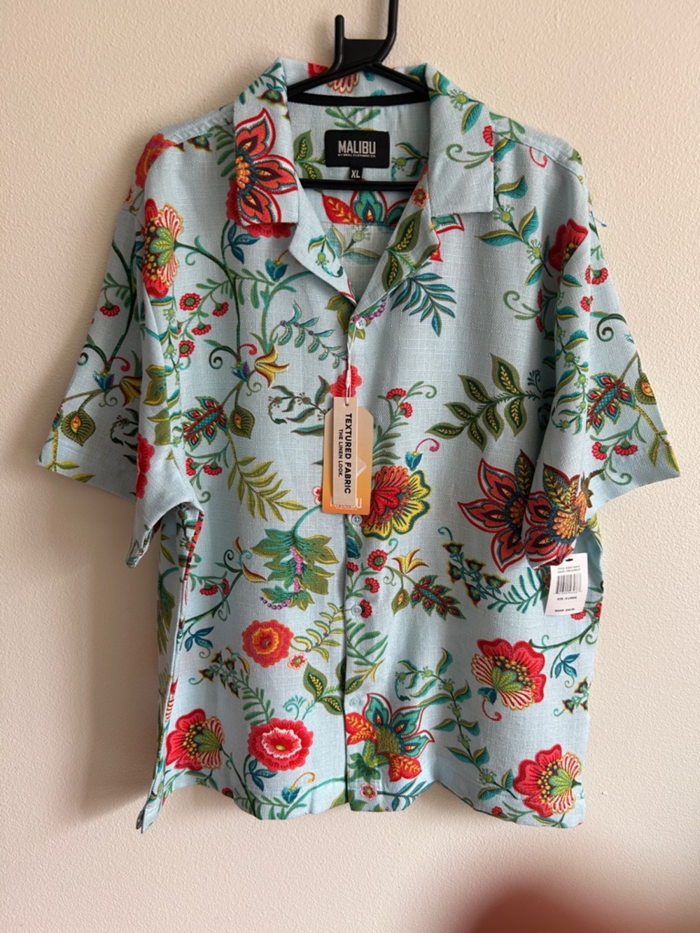 New Malibu Lt. Blue Short-Sleeve Floral  Textured Linen Look Button-Up Shirt:XL